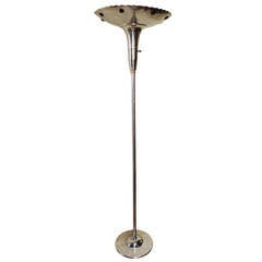 American Polished Aluminium Art Deco Torchiere, Floor Lamp with Brass and Tortoiseshell Lucite Accents.