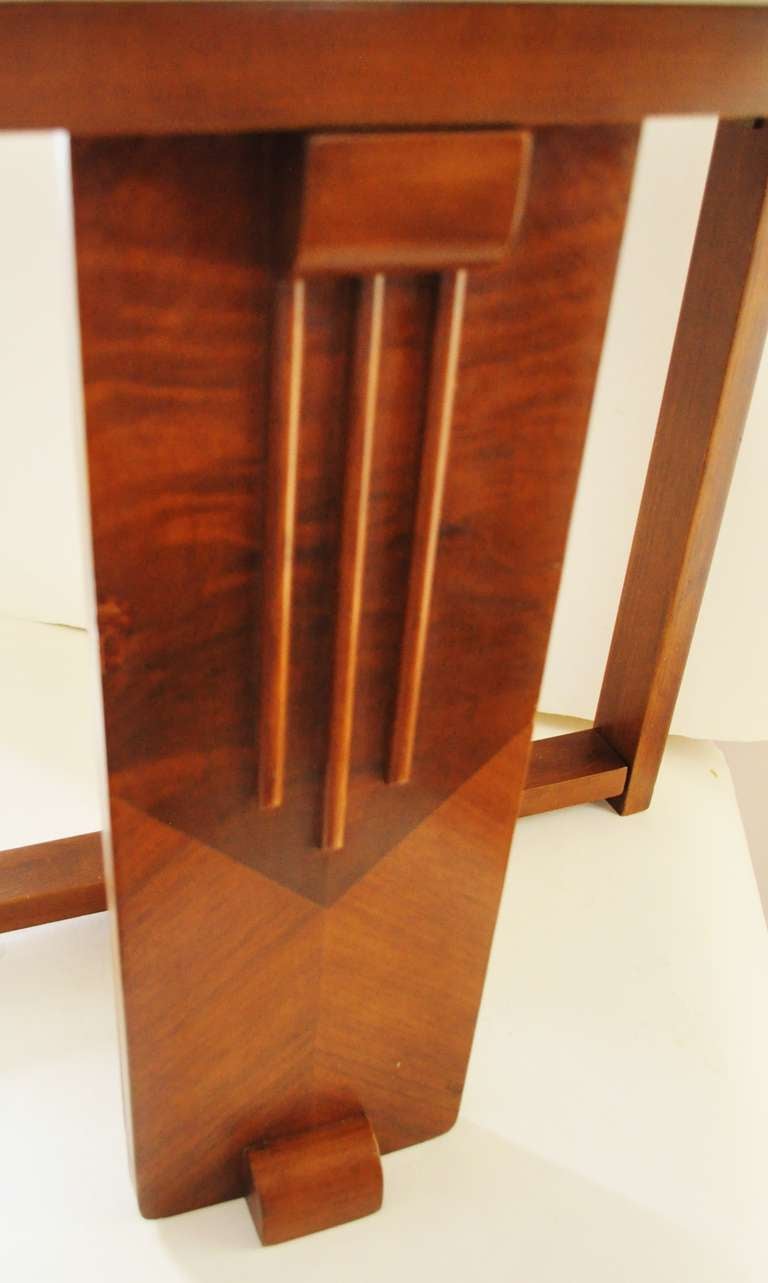 Mid-20th Century Pair of American Art Deco Polychrome Geometric Veneer Three Legged Sofa End Tables