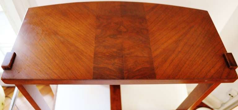 Pair of American Art Deco Polychrome Geometric Veneer Three Legged Sofa End Tables 1