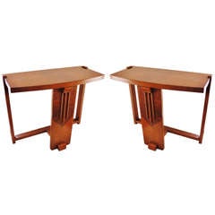 Pair of American Art Deco Polychrome Geometric Veneer Three Legged Sofa End Tables 1