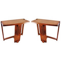 Pair of American Art Deco Polychrome Geometric Veneer Three Legged Sofa End Tables