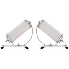 Pair of American Art Deco Angled Chrome and Milk Glass Boudoir or Table Lamps.