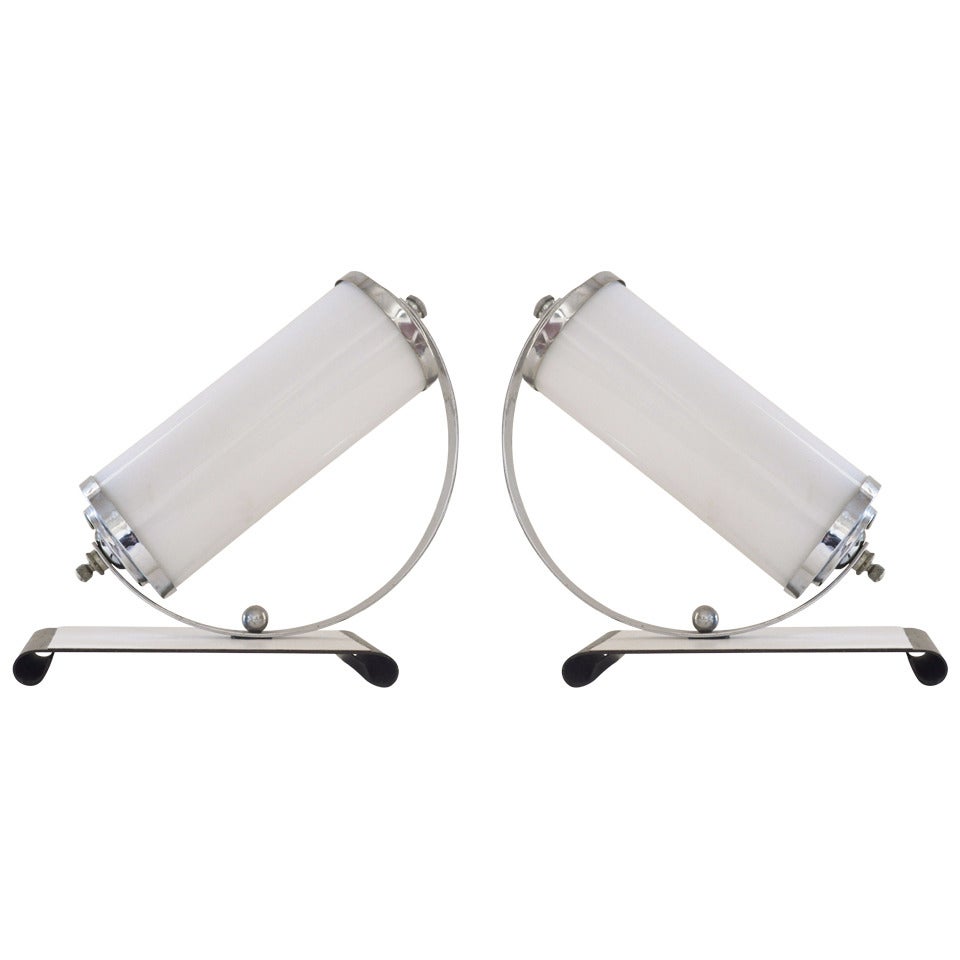 Pair of American Art Deco Angled Chrome and Milk Glass Boudoir or Table Lamps.