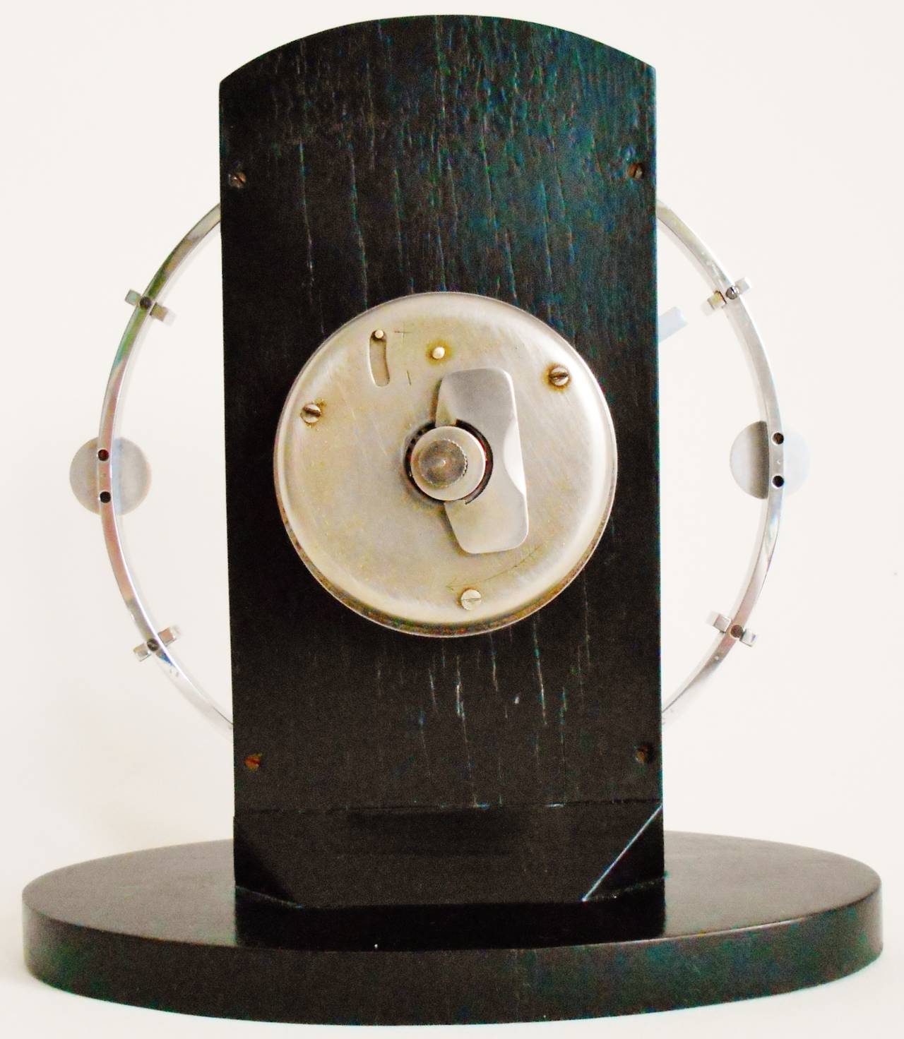 Mid-20th Century Rare German Art Deco Chrome, Enamel, and Wood Mechanical Shelf Clock