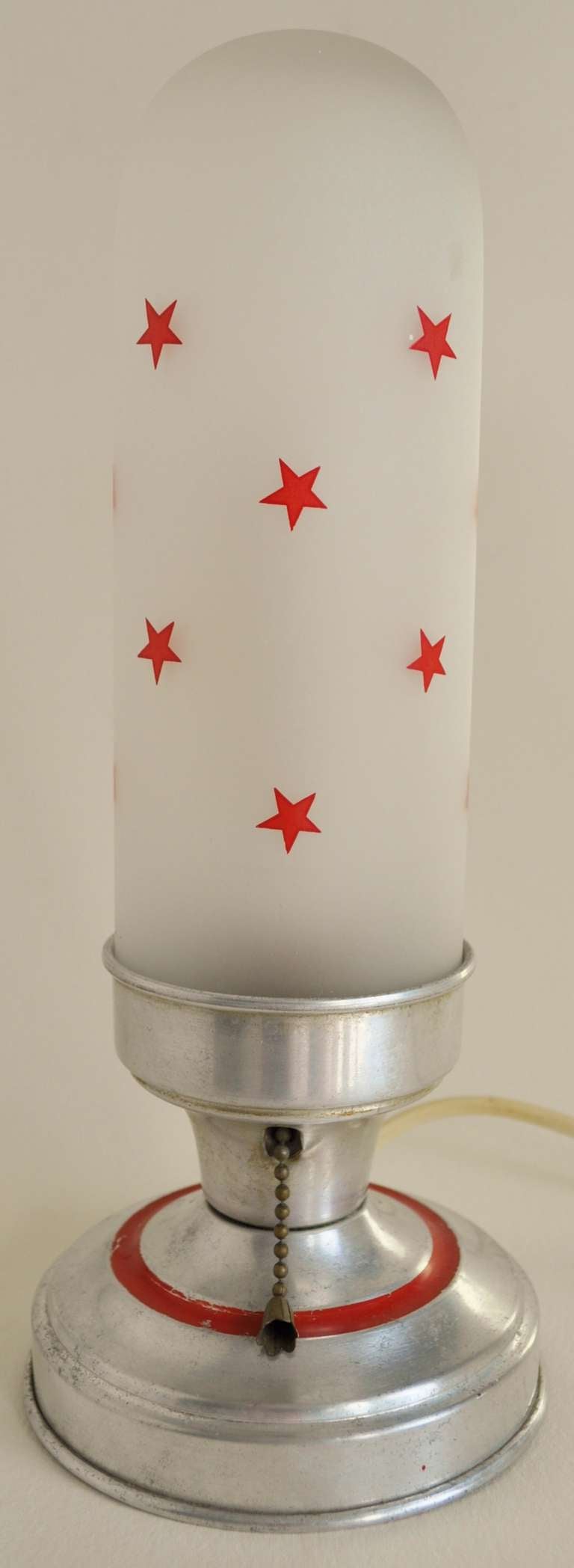 Pair of American Art Deco Aluminium and Frosted Glass Boudoir or Table Lamps with Red Enamel Painted Accents.