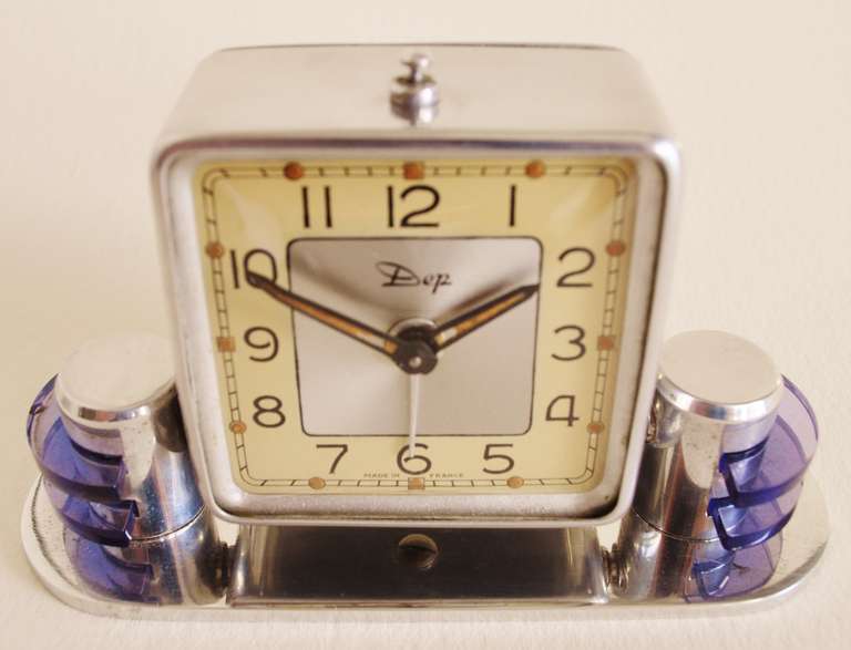 Tiny Perfect French Art Deco or Machine Age Chrome Mechanical Alarm Clock with Lucite Accents 1