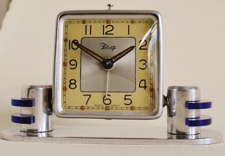 Mid-20th Century Tiny Perfect French Art Deco or Machine Age Chrome Mechanical Alarm Clock with Lucite Accents