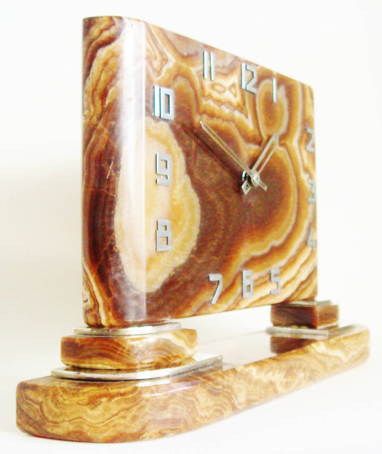 Large French Art Deco Gold Onyx and Nickel-Plated Metal Mechanical Mantel Clock 2