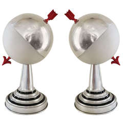 Pair of American Art Deco Aluminium and Frosted Glass Armillary Styled Spherical Accent Table Lamps