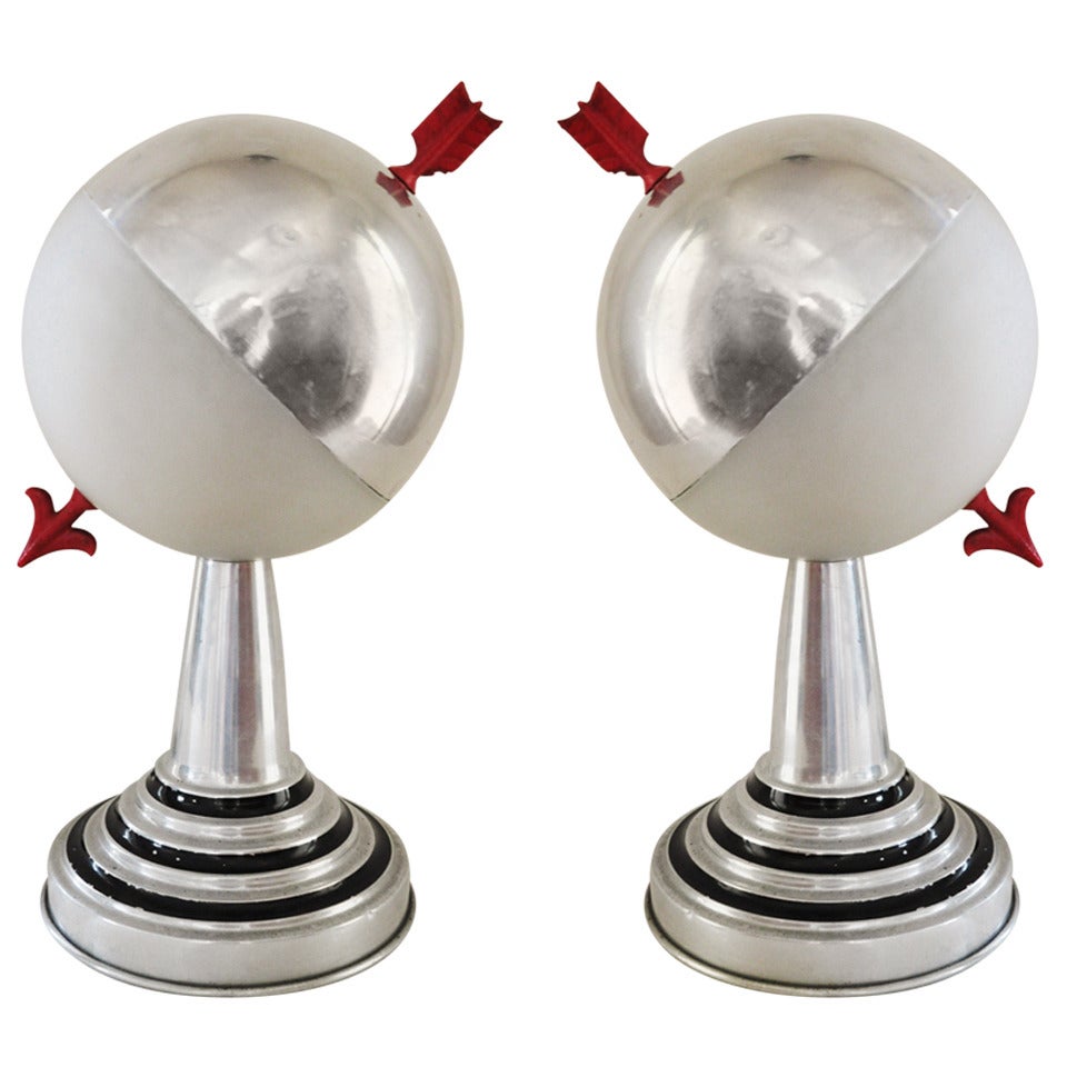 Pair of American Art Deco Aluminium and Frosted Glass Armillary Styled Spherical Accent Table Lamps