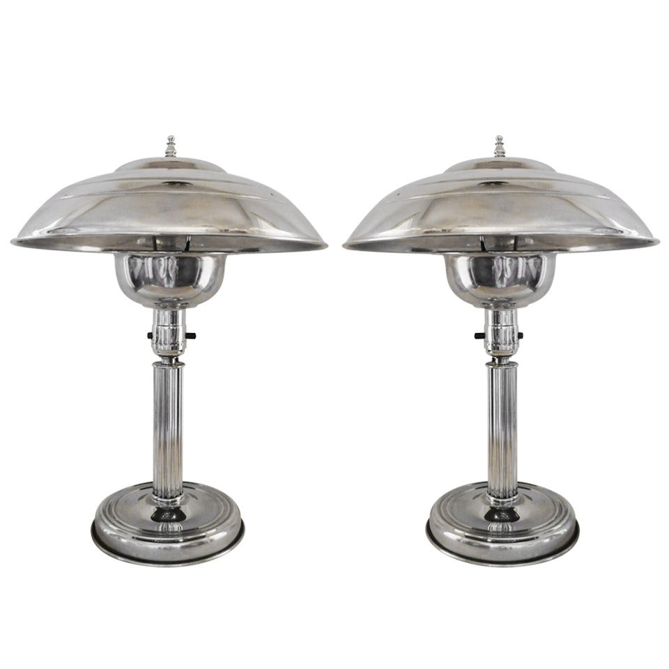 Pair of American Art Deco Polished Aluminium and Chrome Plated Table Lamps.