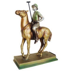 Used Rare Austrian Art Deco Cold Painted Spelter Polo Player Table Striker Lighter