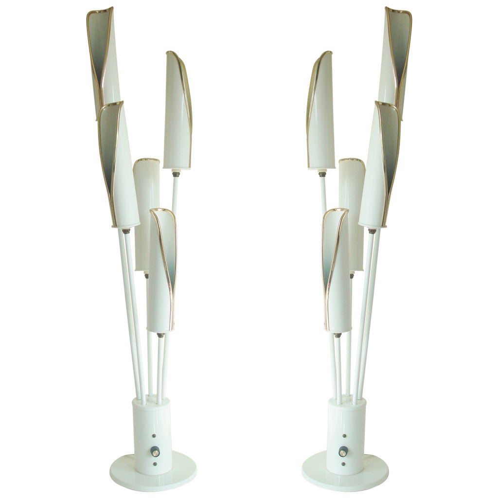 Near Mint Pair of 1970s Italian White Enamel and Brass Bulrush Table Lamps. For Sale