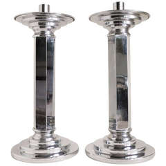 Very Large Pair of French Art Deco Chrome Plated Brass Candlesticks.