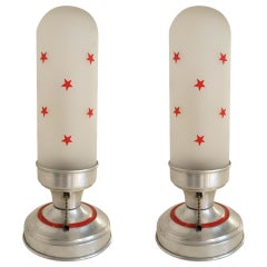 Pair of American Art Deco Aluminium and Frosted Glass Boudoir or Table Lamps with Red Enamel Painted Accents.