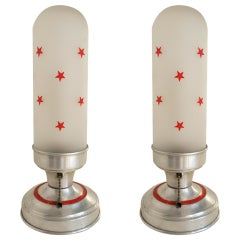 Vintage Pair of American Art Deco Aluminium and Frosted Glass Boudoir or Table Lamps with Red Enamel Painted Accents.