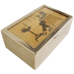 American Art Deco Nickel Plated and Wood Lined Cheroot or Cigar Box with Inlaid Wood Graphic of a Cigar Smoker on Lid