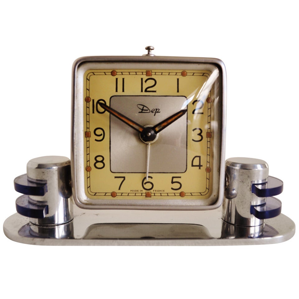 Tiny Perfect French Art Deco or Machine Age Chrome Mechanical Alarm Clock with Lucite Accents