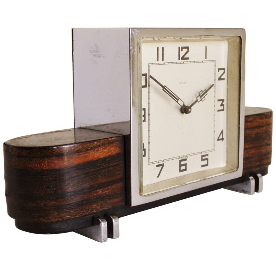 Small German Art Deco Chrome and Macassar Veneer Mechanical 8-Day Desk Clock For Sale