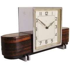 Small German Art Deco Chrome and Macassar Veneer Mechanical 8-Day Desk Clock