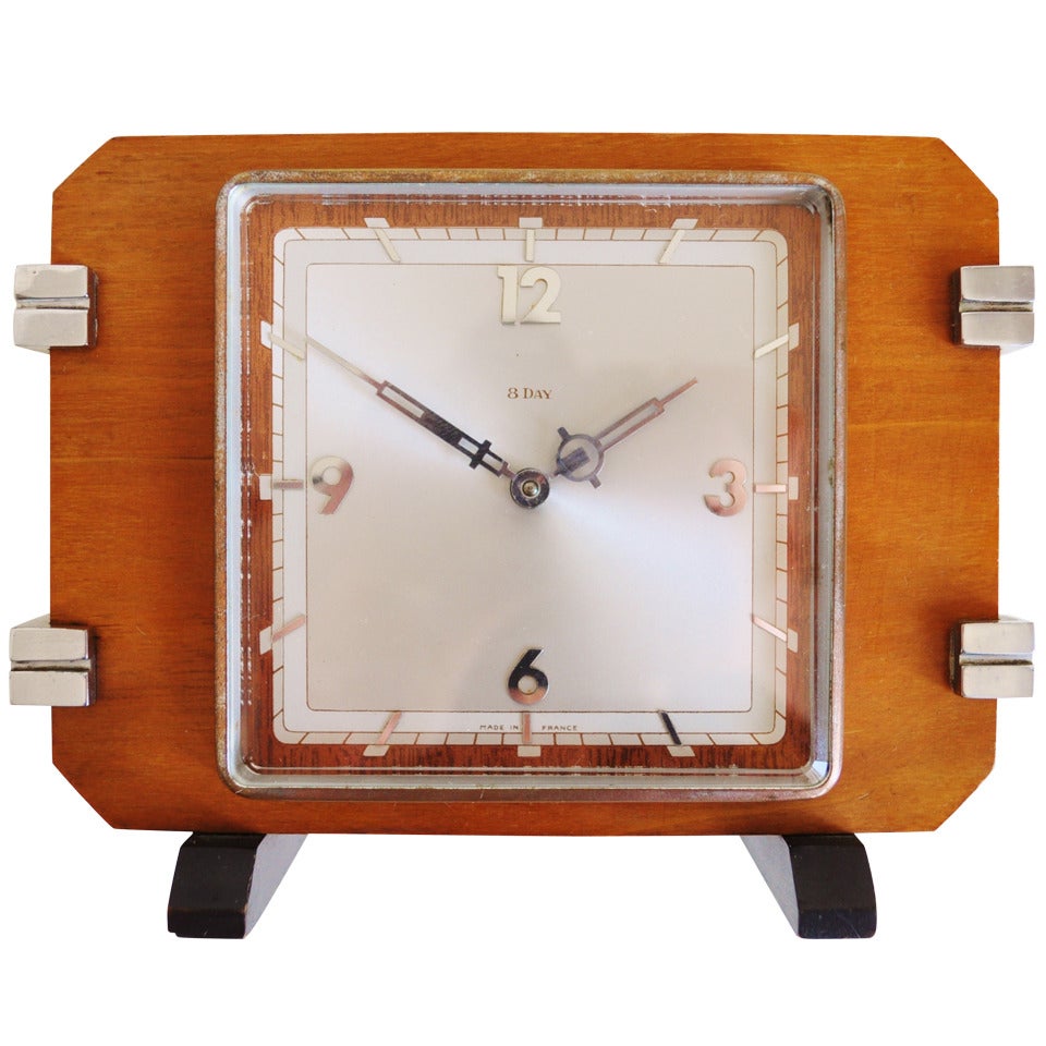 French Art Deco 8-Day Lever Movement Shelf Clock in Blonde Walnut with Chrome and Ebonised Accents For Sale