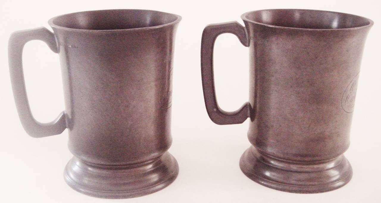Pair of Victorian English Pewter Tankards by Walter Perry Complete with 