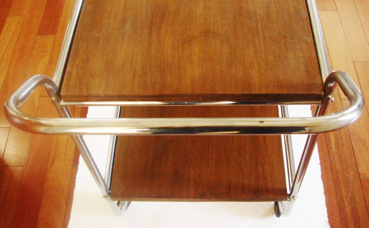 Plated Belgian Art Deco Two-Tier Chrome and Wood Bar Cart