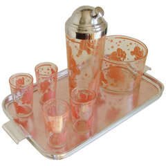 Vintage American Mid-Century Chrome and Glass Six Piece Pink Elephant Cocktail Set with Coordinated Anodised Aluminum Tray