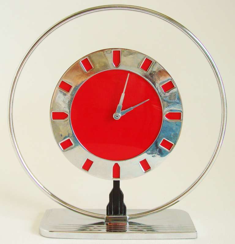 Iconic American Art Deco or Machine Age Chrome Plated Metal and Celluloid Mechanical Clock by Frank N. Marinari In Excellent Condition In Port Hope, ON