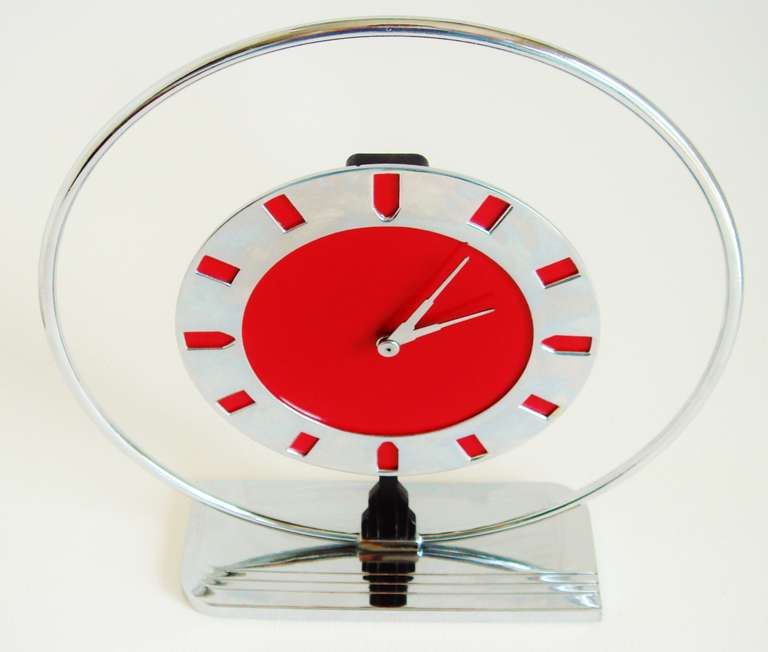 Mid-20th Century Iconic American Art Deco or Machine Age Chrome Plated Metal and Celluloid Mechanical Clock by Frank N. Marinari