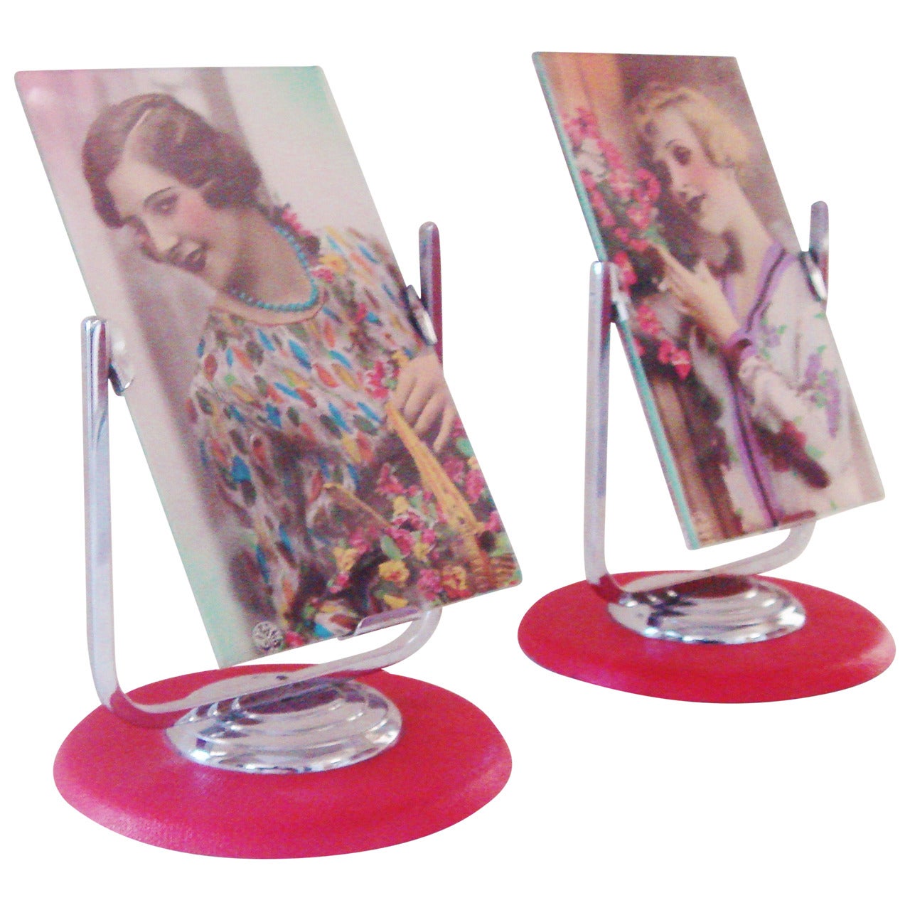 Pair of English Deco Revival Chrome and Red Leatherette Tilt Desk Frames For Sale