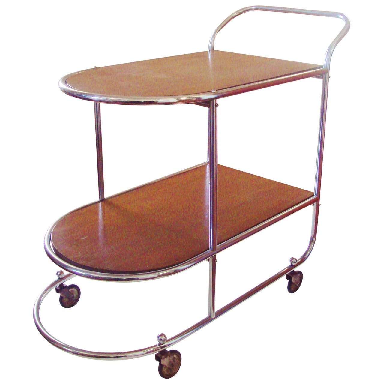 Belgian Art Deco Two-Tier Chrome and Wood Bar Cart
