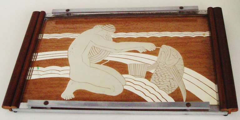 French Art Deco Reverse Paint and Mirror Cocktail Tray with Allegorical Graphic