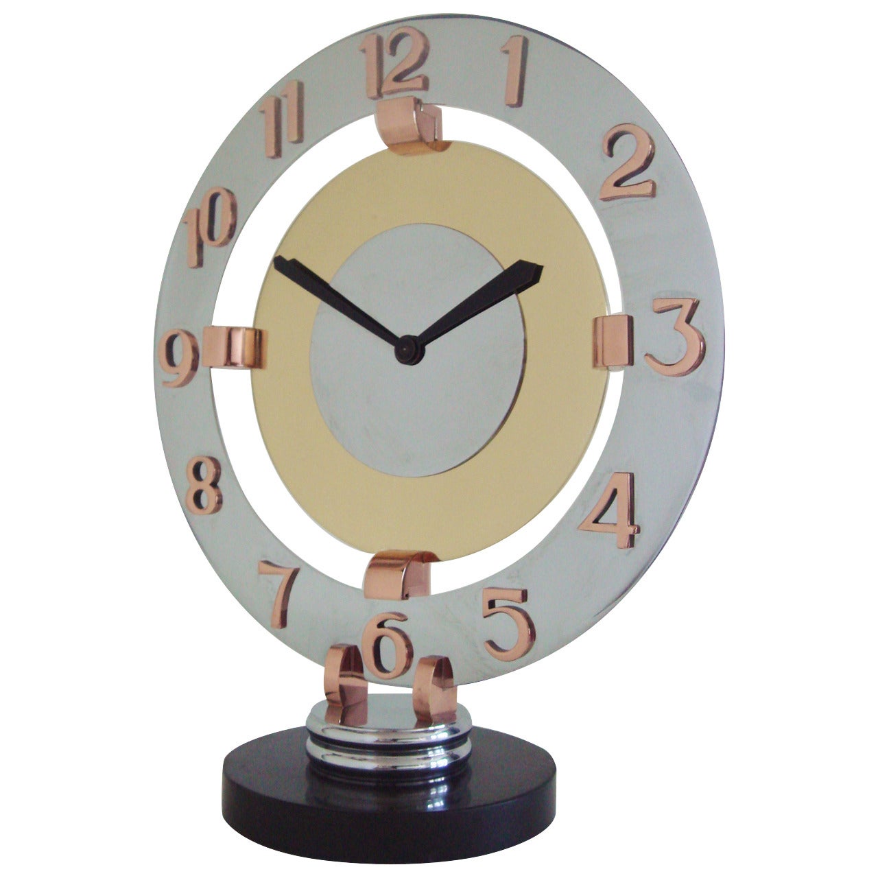 Large French Art Deco Bayard Tri-Colour Metal Mechanical Eight-Day Mantel Clock