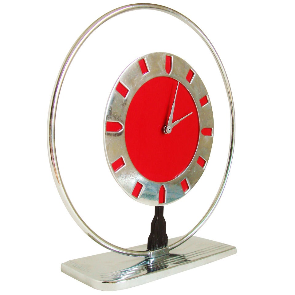 Iconic American Art Deco or Machine Age Chrome Plated Metal and Celluloid Mechanical Clock by Frank N. Marinari