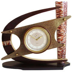 Large Italian Jet-Age Celluloid Veneered Alarm Clock with Black Enamel and Brass Accents