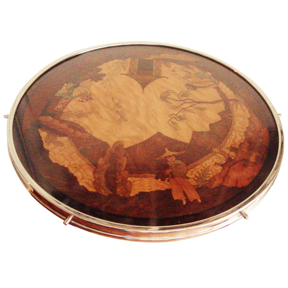 Very Large German Art Deco Nickel Plated Brass and Painted Wood Chinoiserie Lazy Susan by W.M.F.