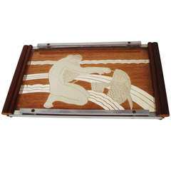 French Art Deco Reverse Paint and Mirror Cocktail Tray with Allegorical Graphic