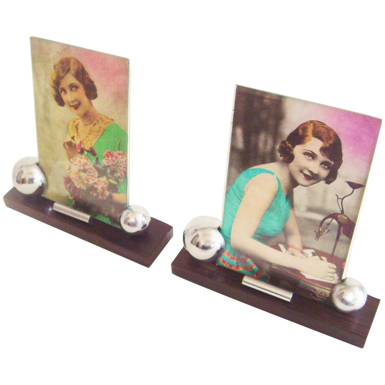 Pair of French Art Deco Macassar Ebony and Chrome Desk Photo Frames For Sale