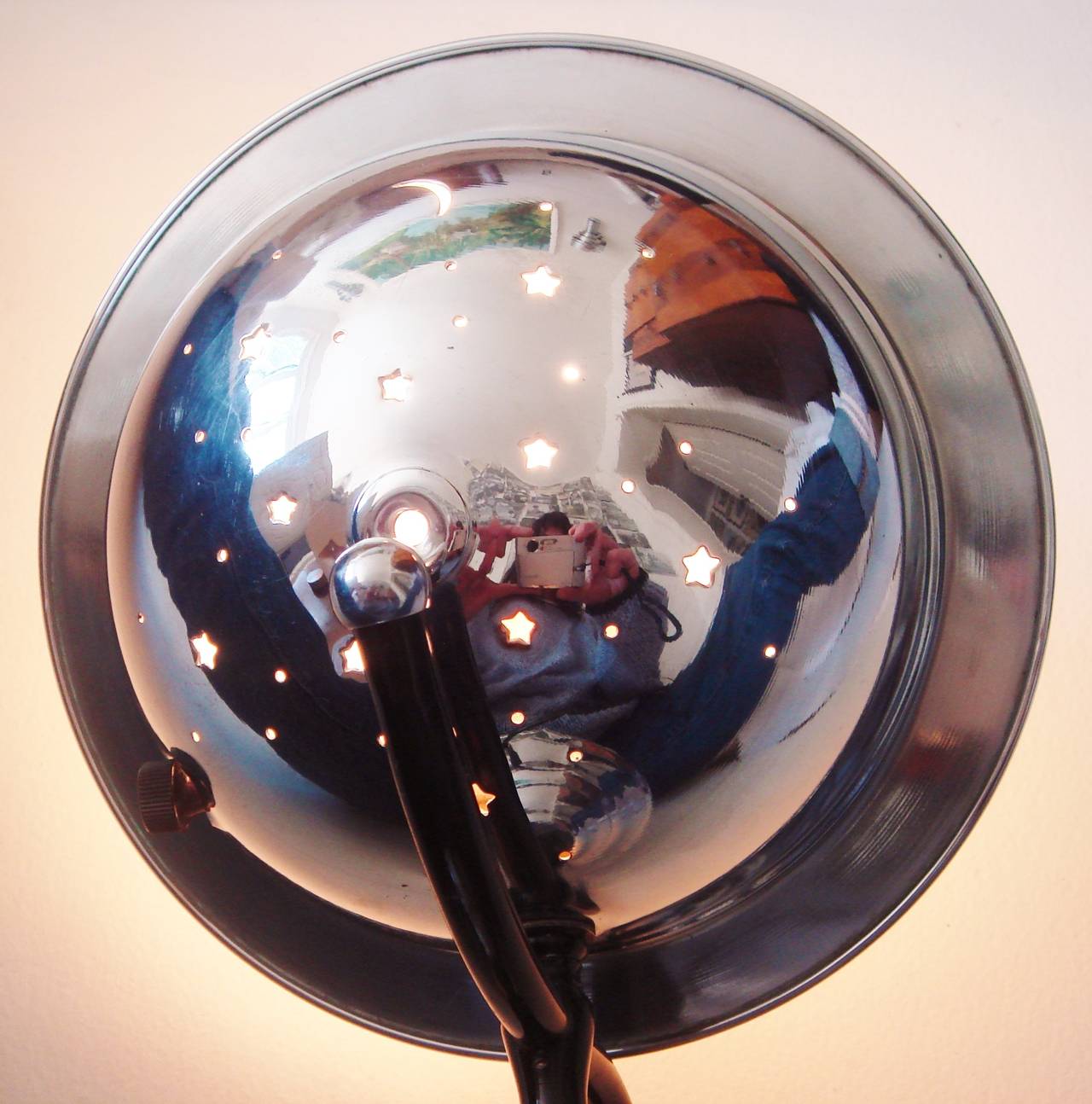 Enameled American Art Deco Chrome, Enamel and Painted Milk Glass Planet Lamp