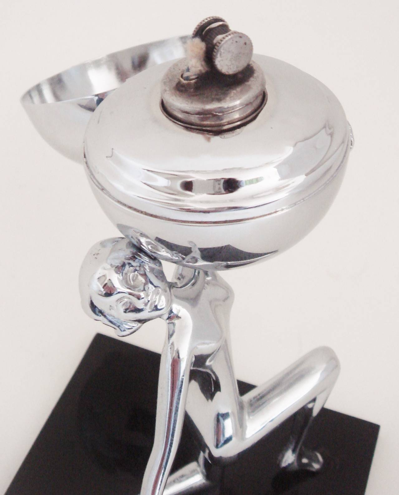 English Art Deco Chrome and Perspex Kneeling Nude Wheel & Flint Table Lighter. In Excellent Condition In Port Hope, ON
