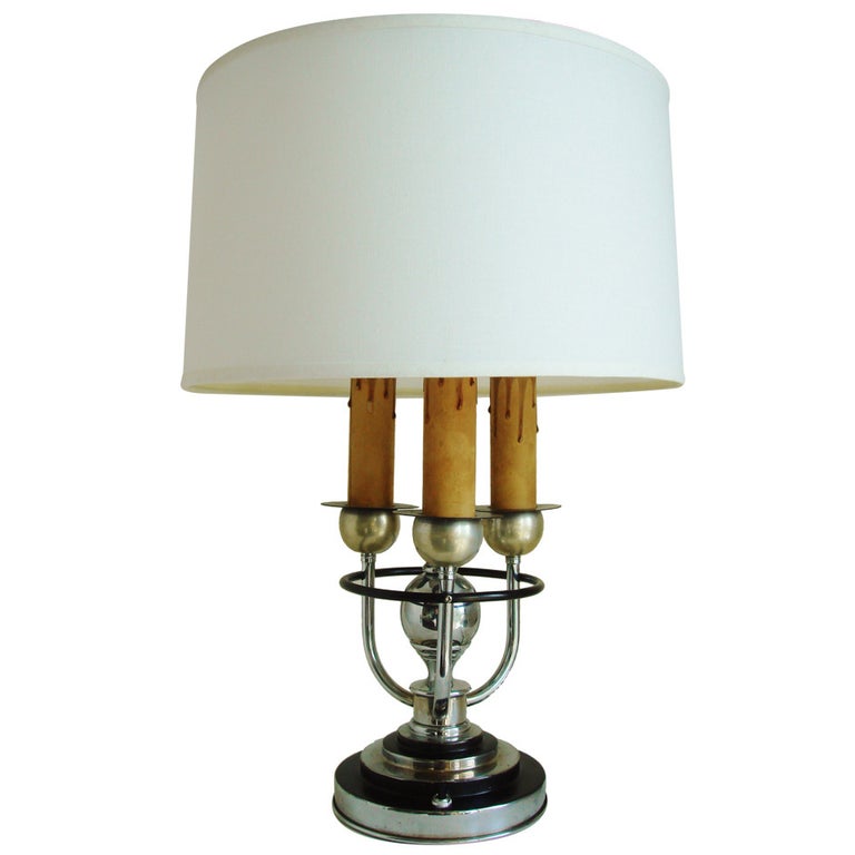 Canadian Art Deco Chrome and Black Enamel TriCandle Table Lamp by