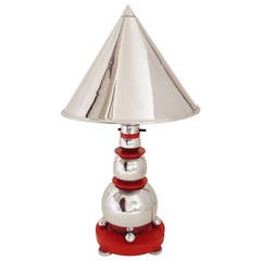 Rare Art Deco Chrome and Red Enamel Cone and Sphere Table Lamp by Electrolier