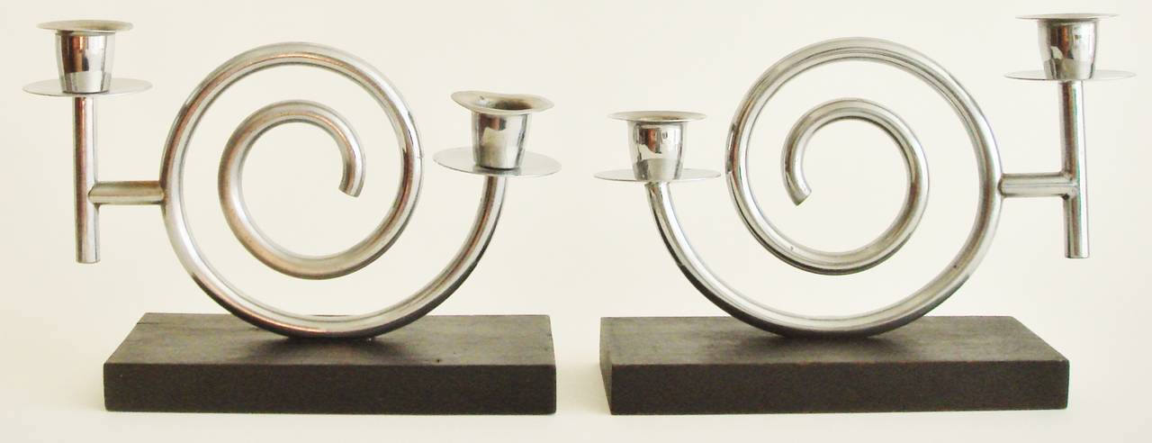 Pair of Dutch Art Deco Chrome and Wood Snail Form, Twin Candleholders by RIO