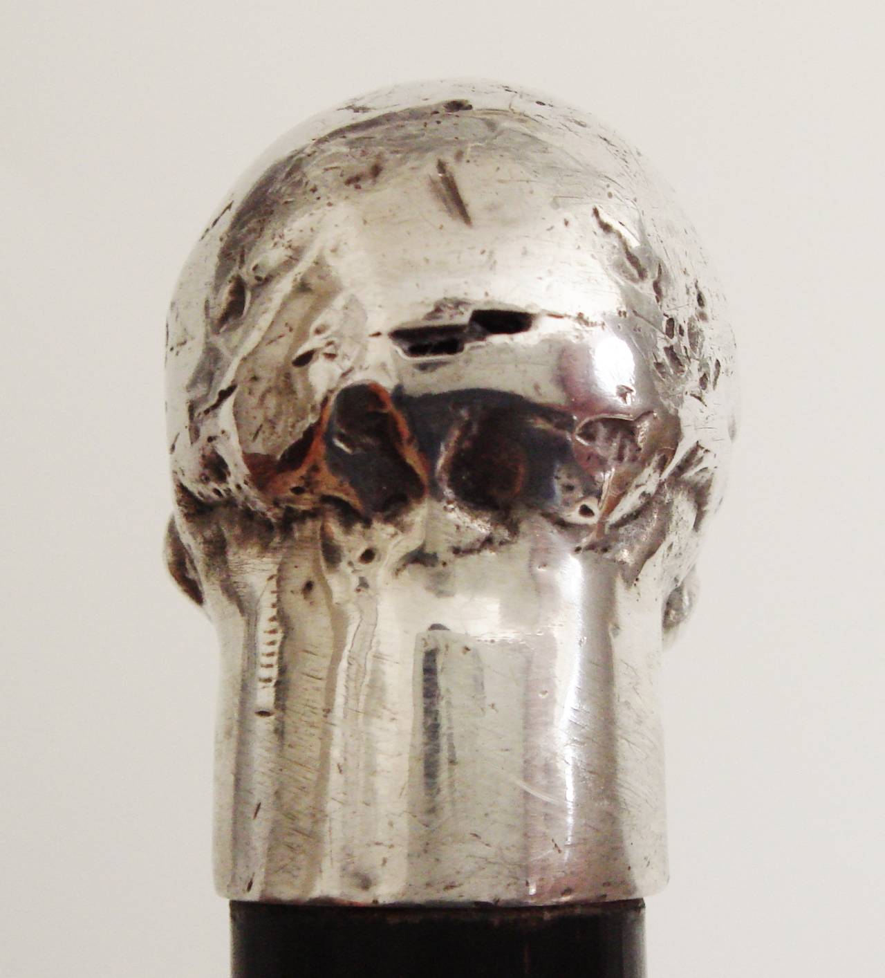 Early 20th Century German Masonic or Momento Mori Cane with Sterling Skull Knop & Garnet Eyes.