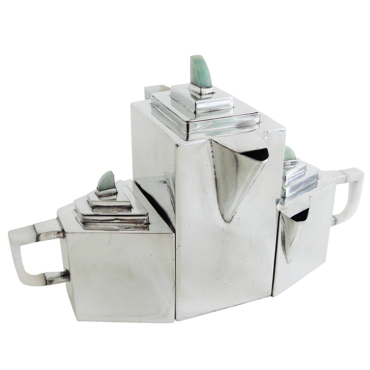 Chinese Art Deco Polished Pewter and Jade ThreePiece 'Diamant' Style