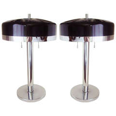 Pair of Large 70's American Chrome and Black Enamel Table Lamps. 8