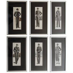 Six Framed English Art Deco Original Gouache Paintings for Men's Fashion Plates