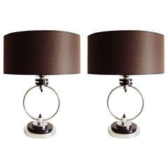 Vintage Pair of American Art Deco or Machine Age Chrome and Black Table or Bedside Lamps