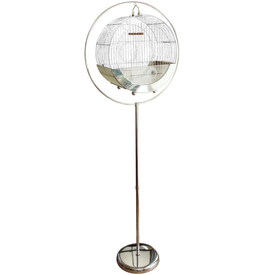 Iconic American Art Deco Chrome Hatbox Birdcage and Hoop Stand by